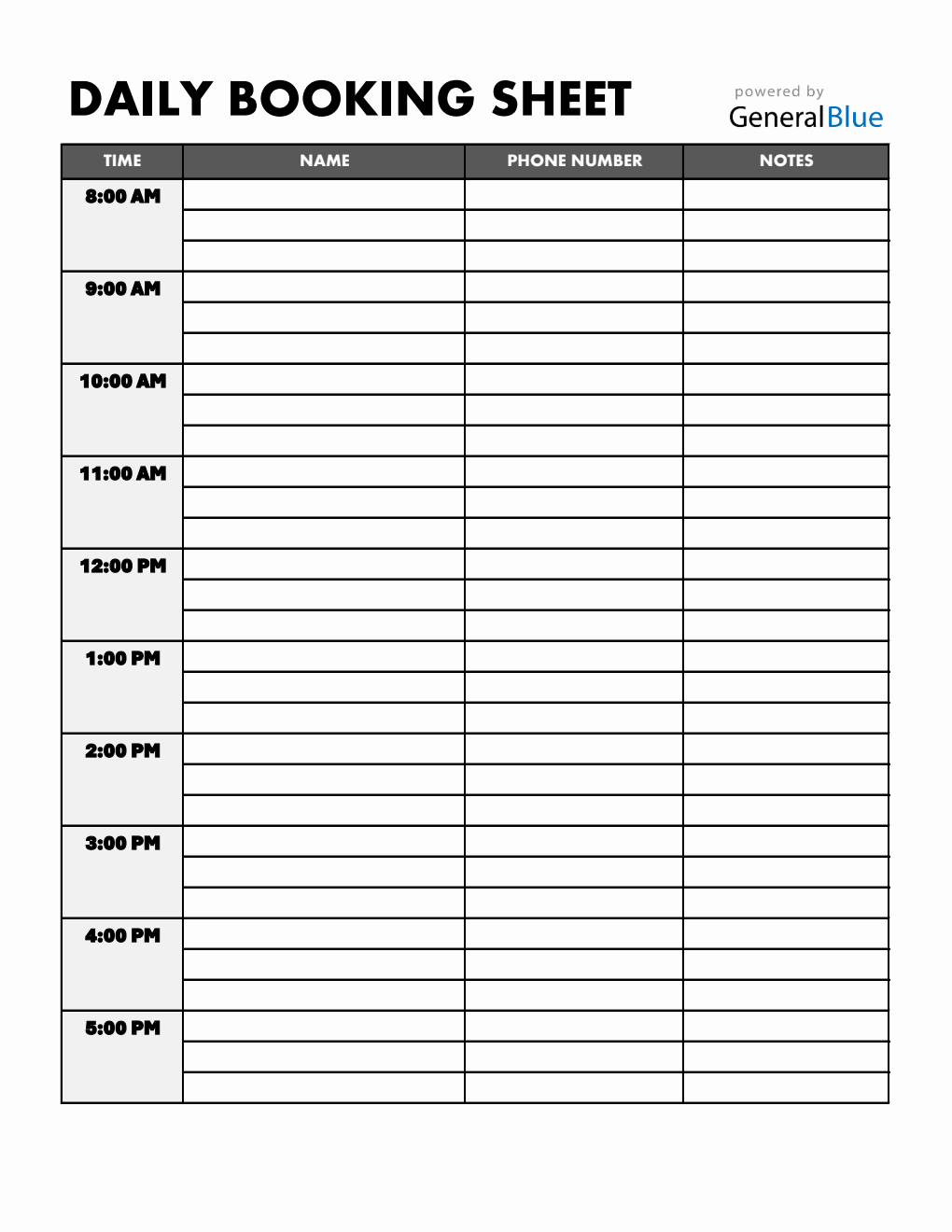 Printable Appointment Sign Up Sheet in Excel (1-Hour Interval)