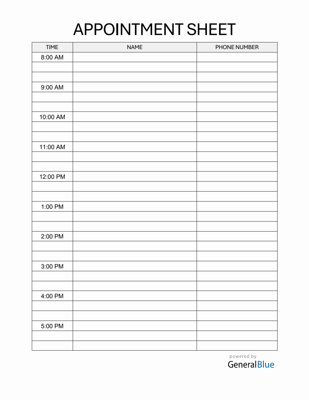  Appointment Sign Up Sheet PDF (1-Hour Interval)