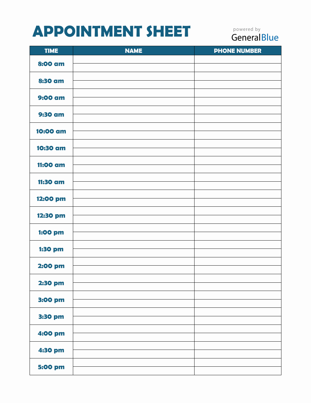Free Customizable Appointment Sheet PDF (30-Minute Interval Schedules)