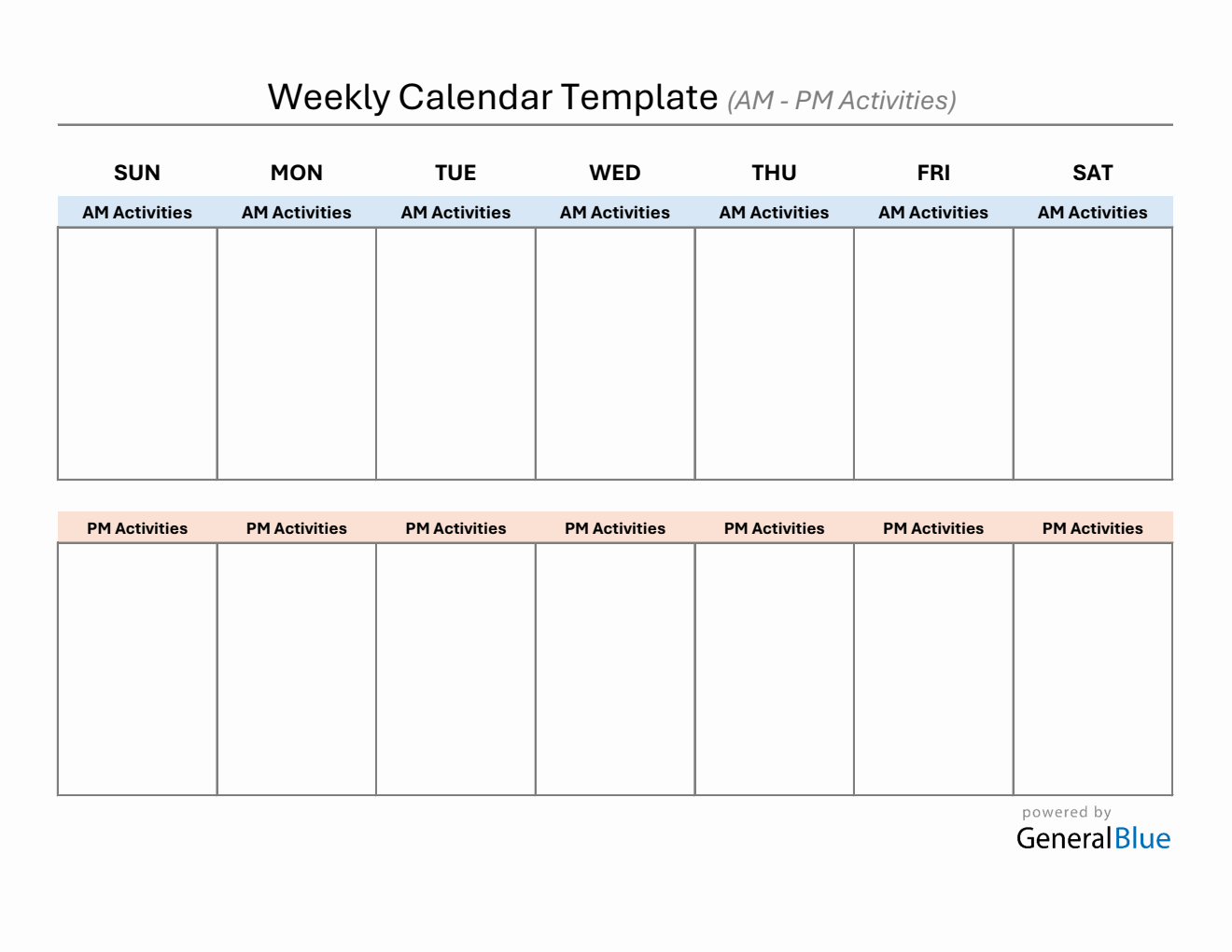 At-A-Glance Weekly Calendar Customizable in Excel (AM-PM Layout)