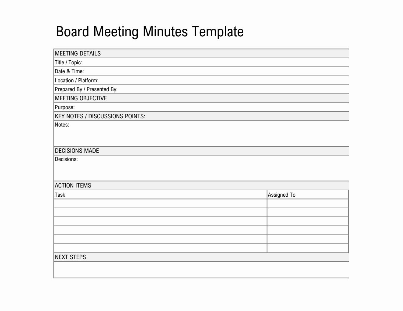  Board Meeting Minutes Template Excel