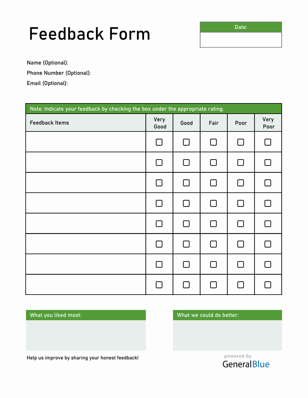 Customer Feedback Form in Excel - Free Green Spreadsheet