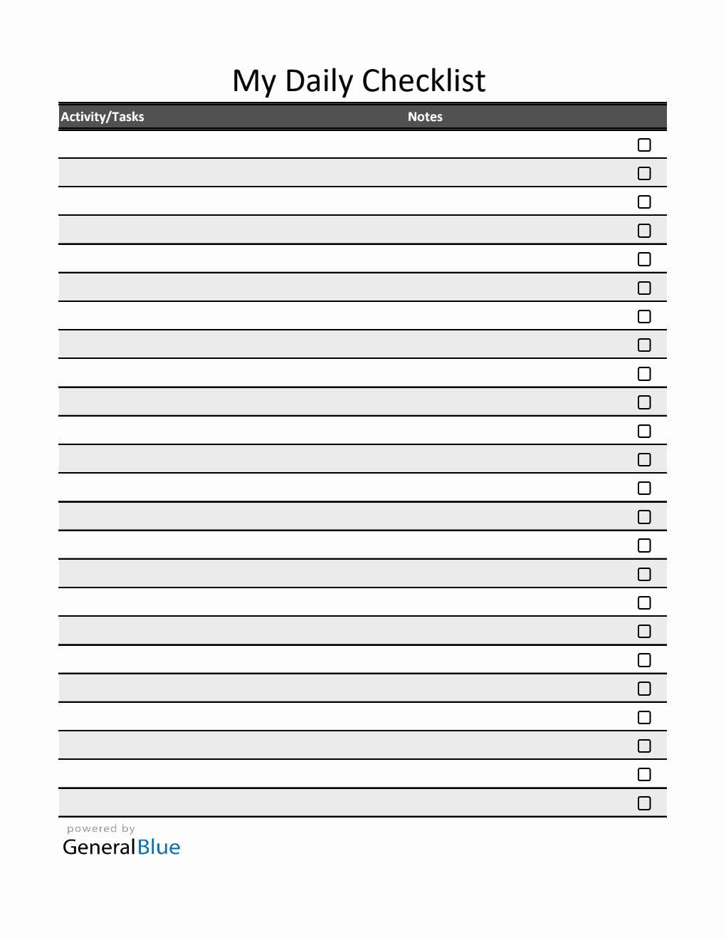 Free Daily Checklist Template (Striped) in Excel Format