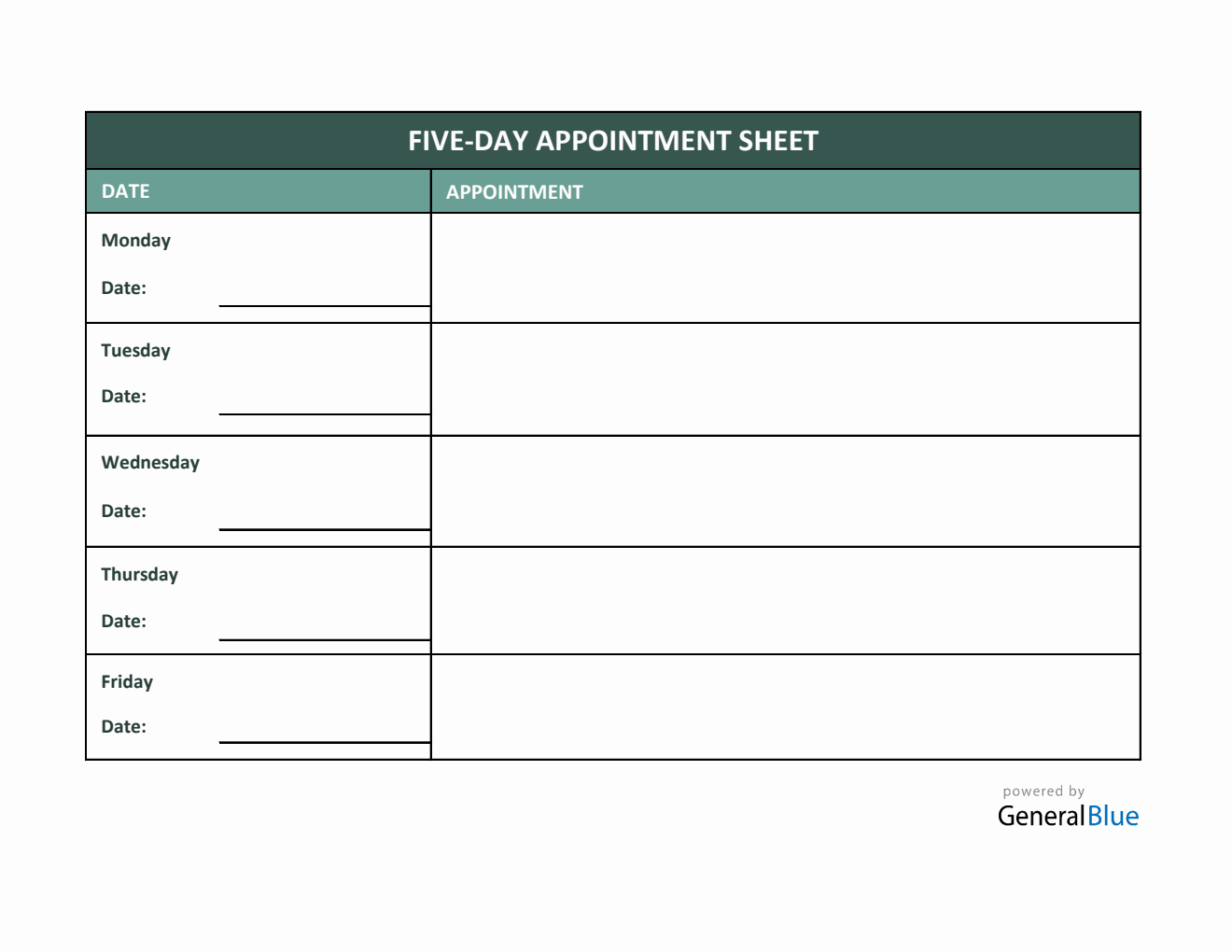 Five-Day Appointment Sheet Template in Excel (Printable)