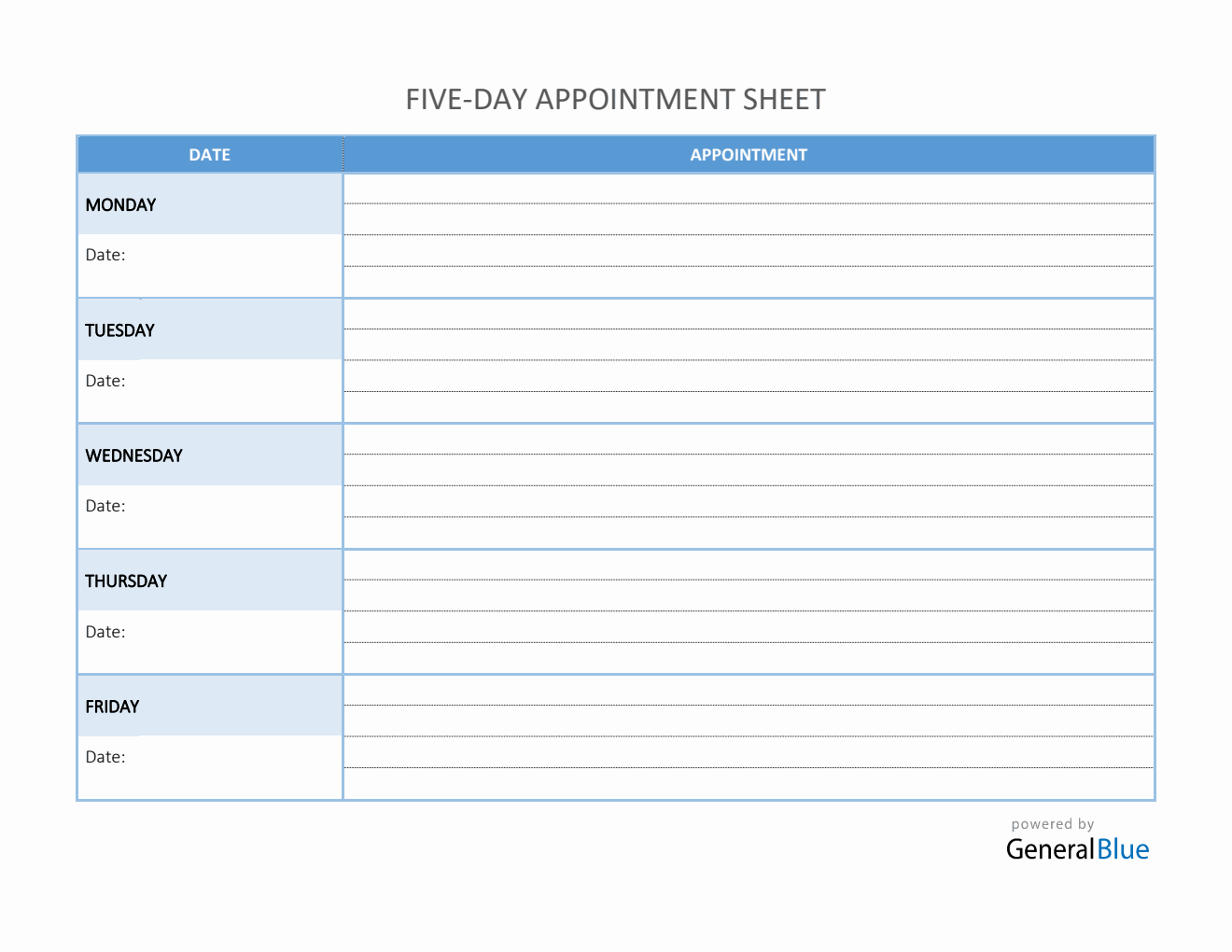 Five-Day Appointment Sheet Template in Word (Basic)