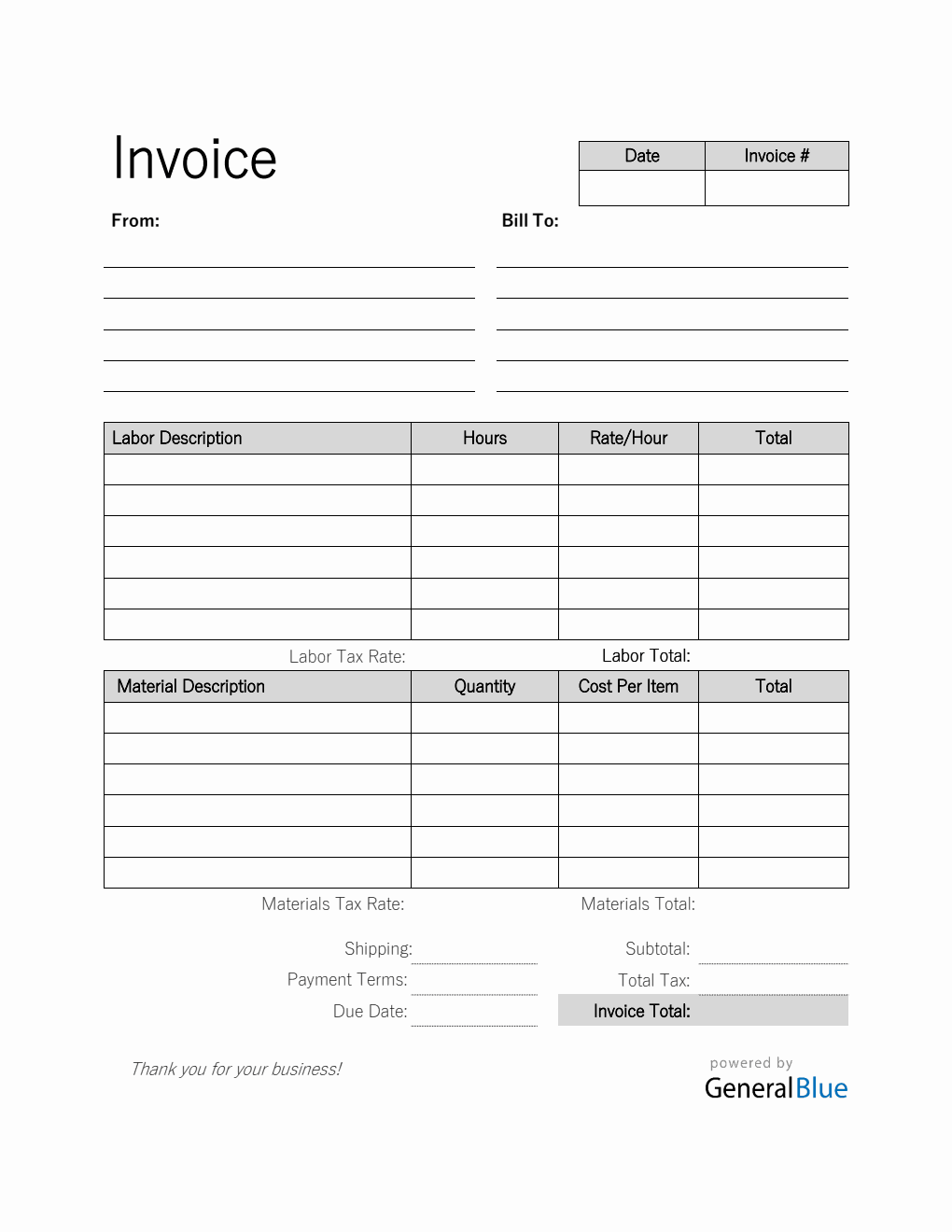 Labor and Materials Invoice in PDF (Simple)