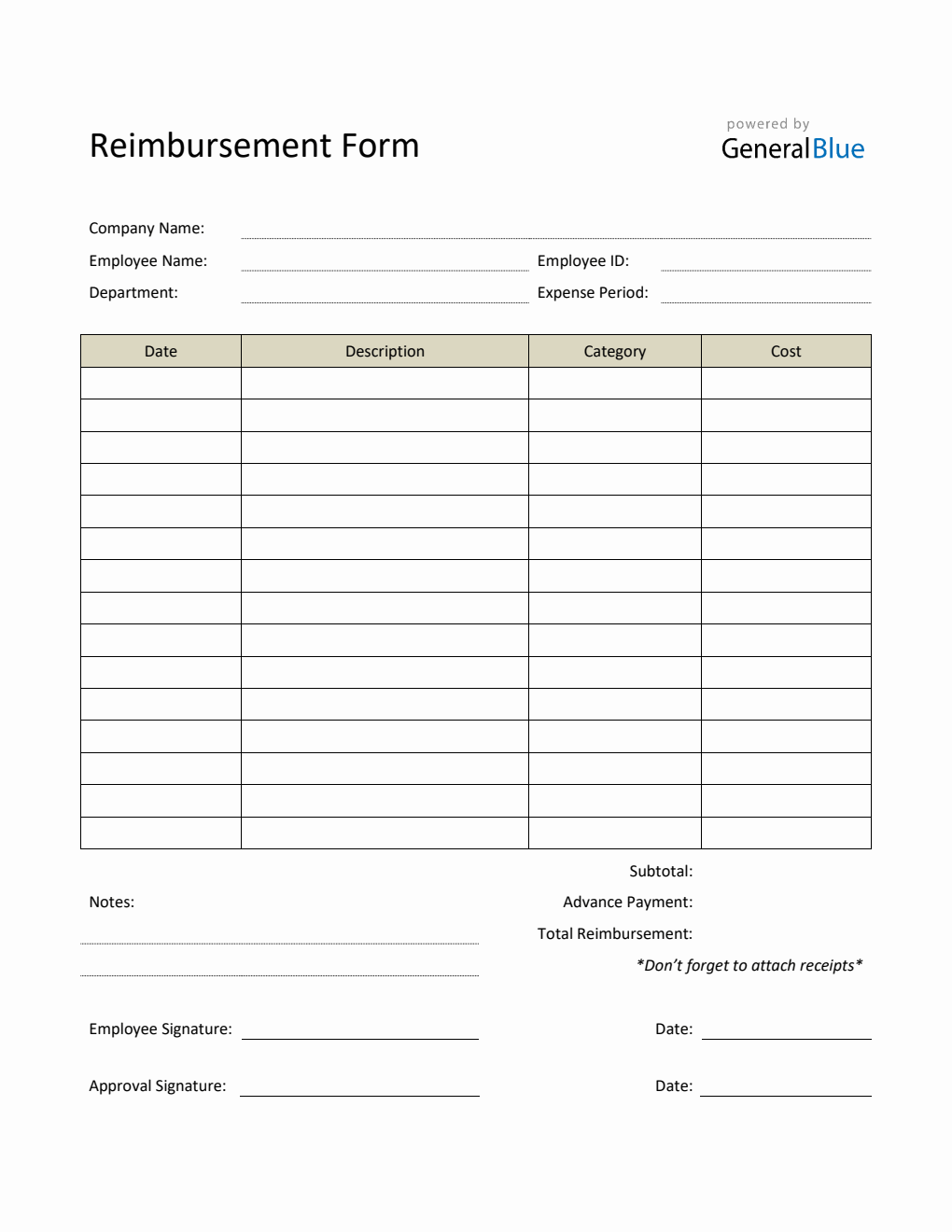 Printable Reimbursement Form in Word (Basic)