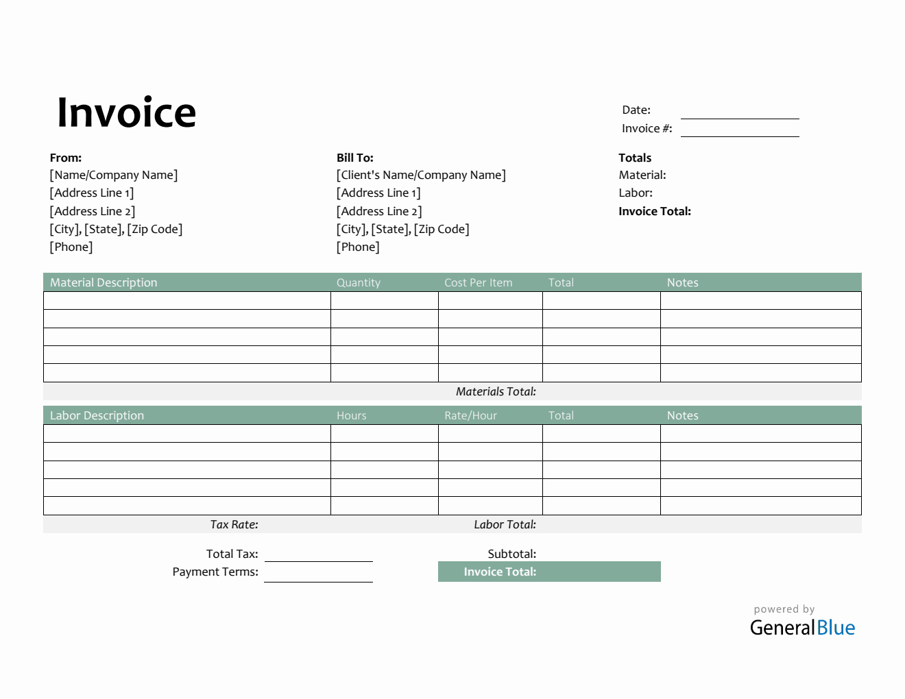 Printable Time and Materials Invoice in Word (Green)