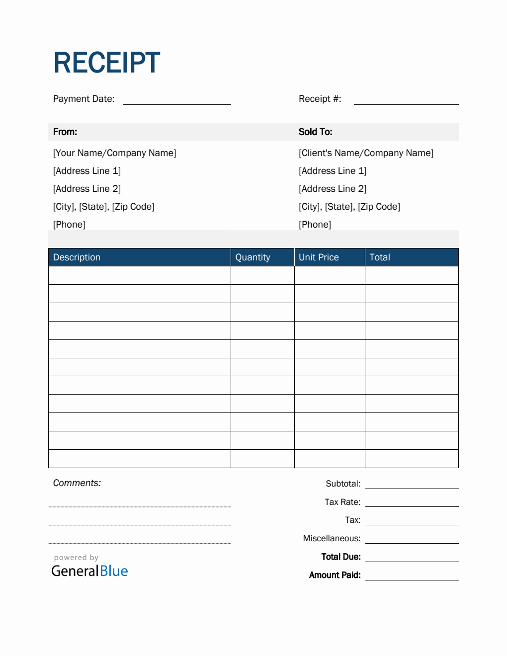 Receipt Template in Word (Blue)