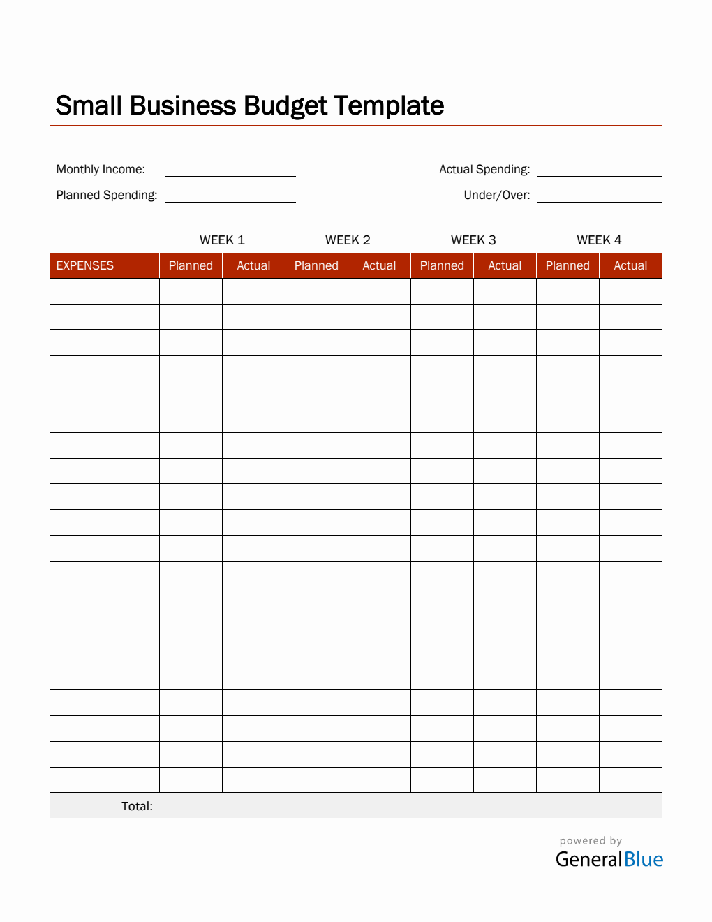 Small Business Budget Template in PDF (Red)