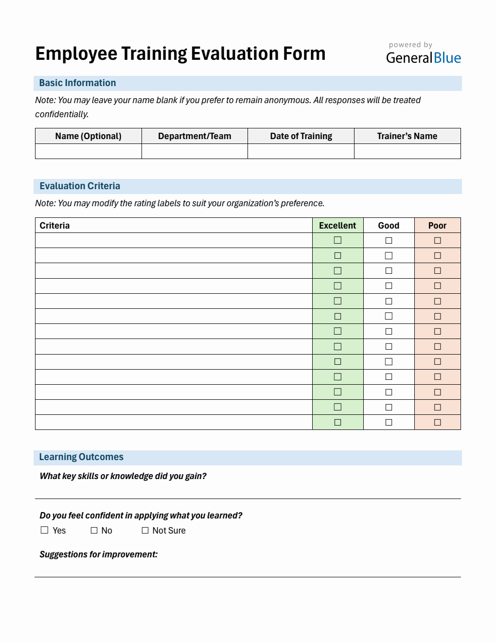 One Page Layout Training Evaluation Form – Free Download in PDF