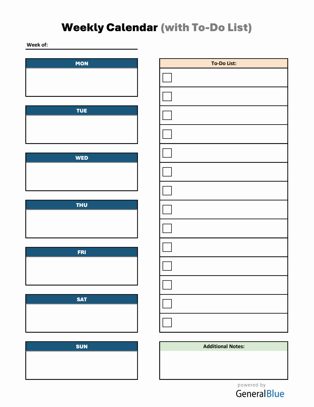 Weekly Calendar with Task List Downloadable in PDF