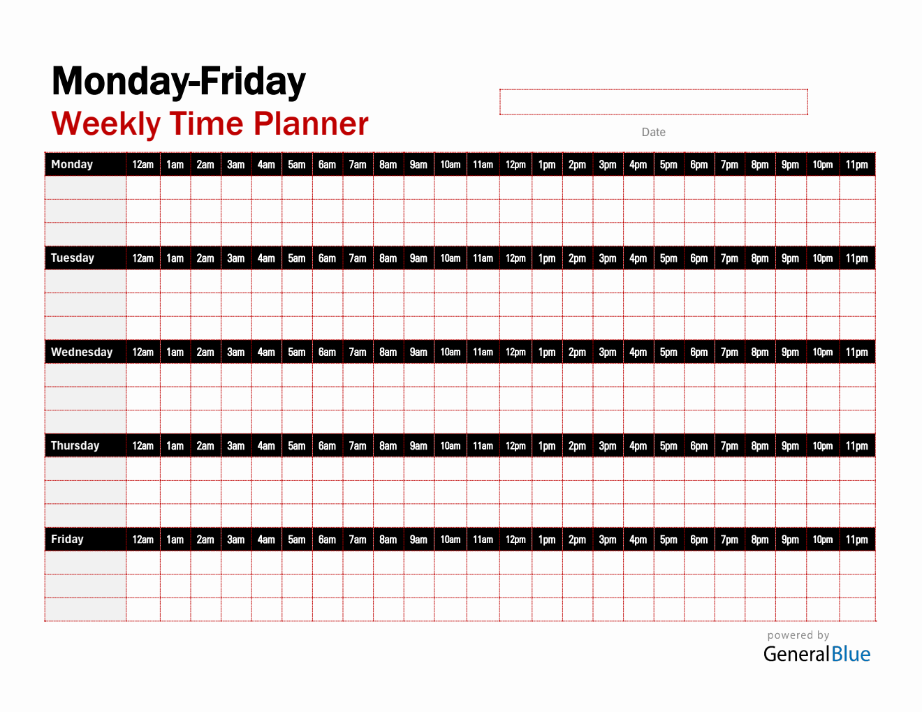 Monday-Friday Hourly Planner (24 Hours Schedule) | Customize in PDF