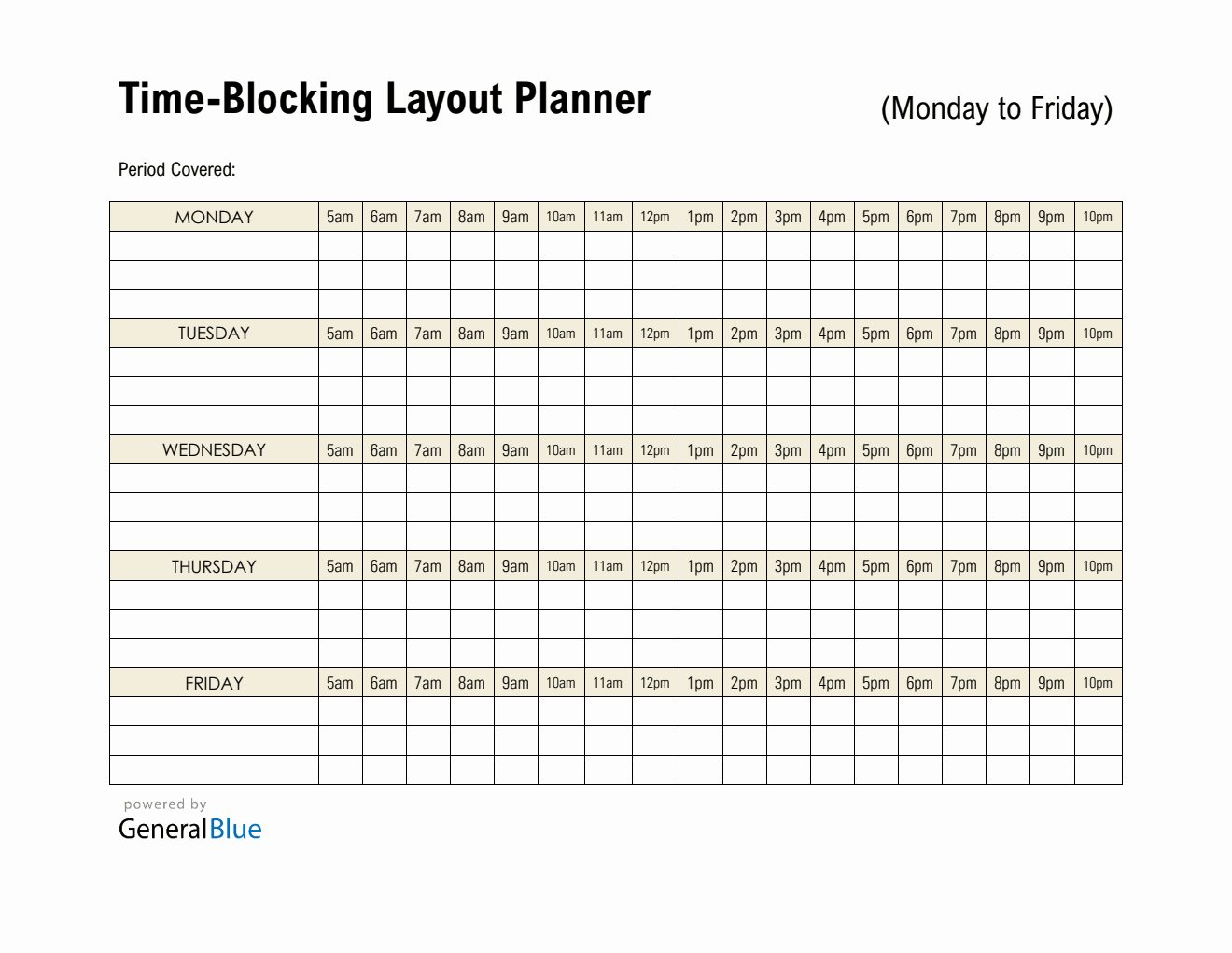 Weekly Hourly Planner in Microsoft Word (with 5Am To 10Pm Time Slots)