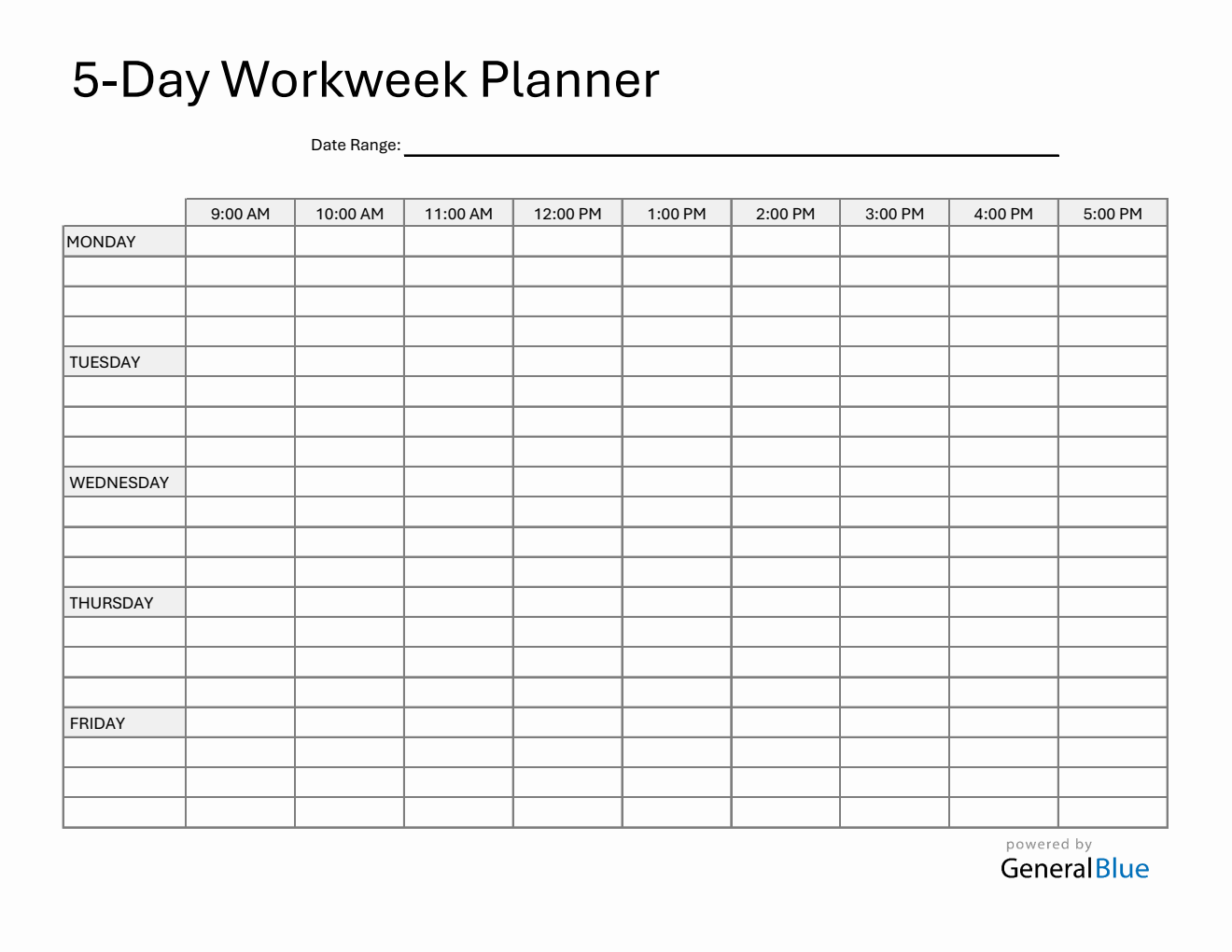 5-Day Workweek Planner in Excel (9Am To 5Pm)