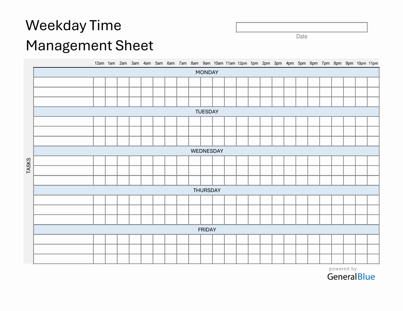 5 Day Weekday Time Management Sheet (Excel)